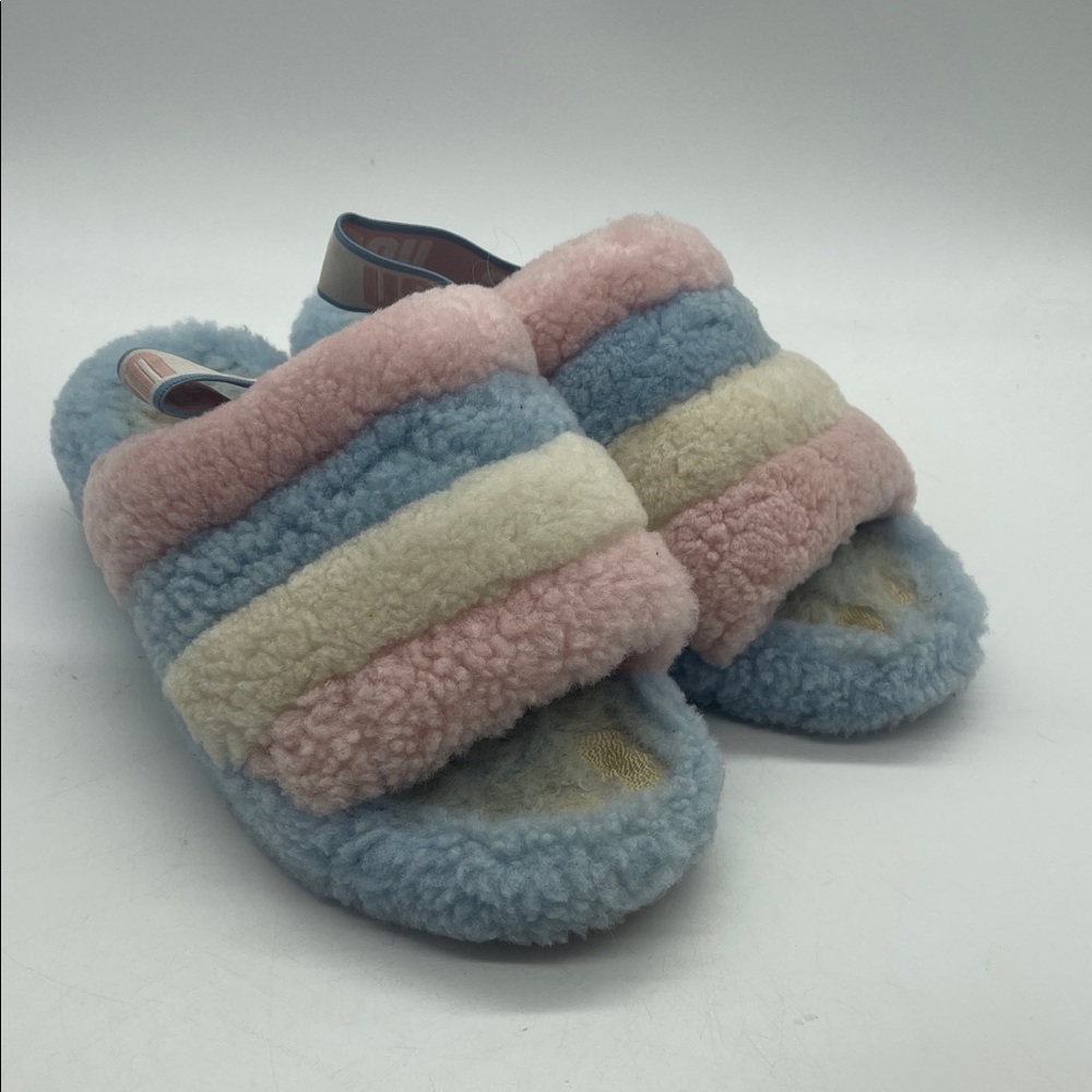UGG Fluffy Slippers - Pink, Blue, and Cream Sz 8